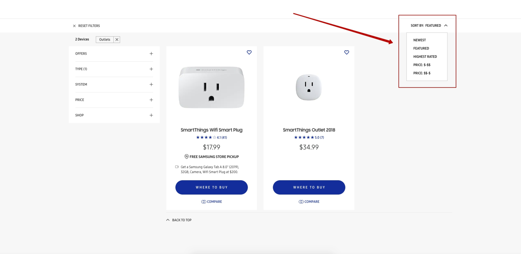 Пример сортировки товаров на сайте