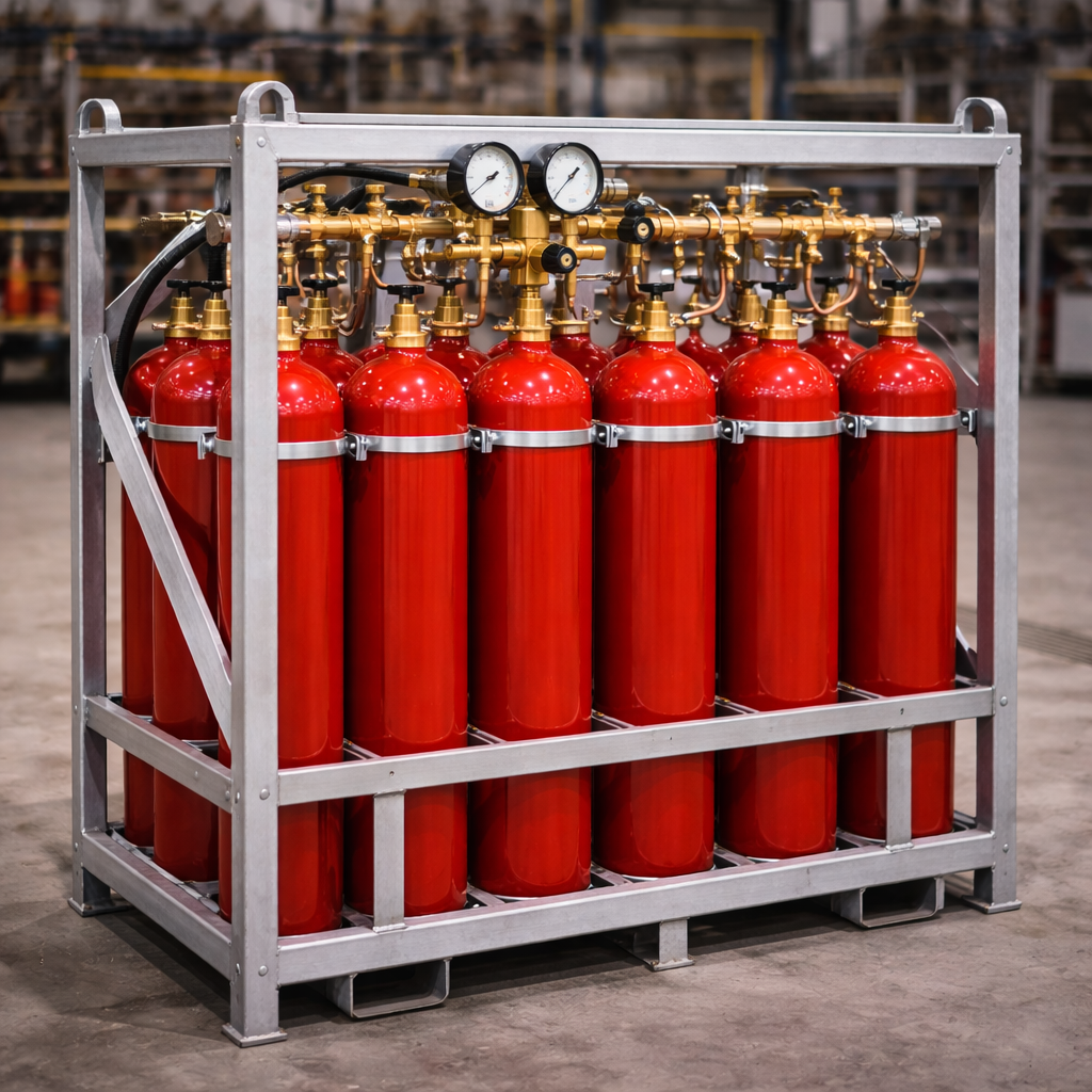 Промышленный газовый моноблок с группой баллонов внутри прочной металлической рамы с трубопроводами и коллектором на промышленном складе.