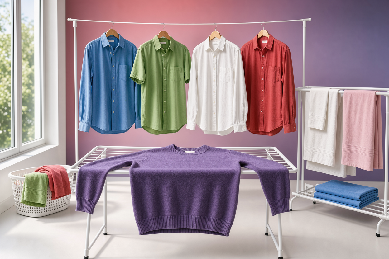 Drying area with clothes hung on a line and laid flat for drying: cotton shirts on hangers, wool sweater drying flat on a rack, linens draped to air dry, natural light
