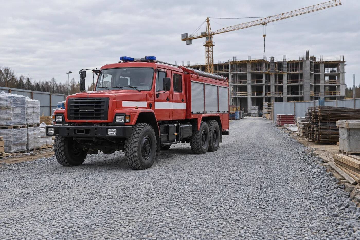 Пожарная автоцистерна на подготовленном временном проезде стройплощадки.