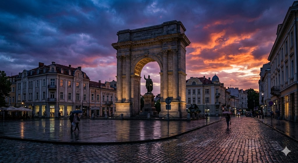 Памятник Объединения в городе Пловдив на закате