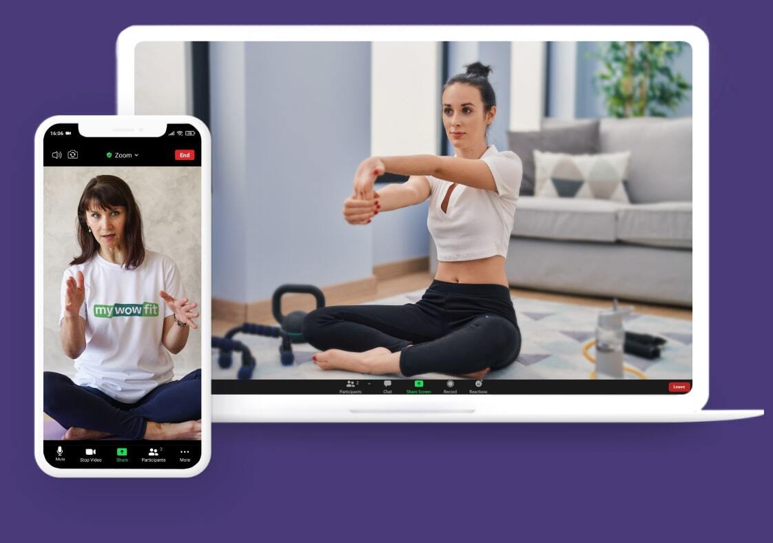 Woman doing elbow stretch at home with online coach
