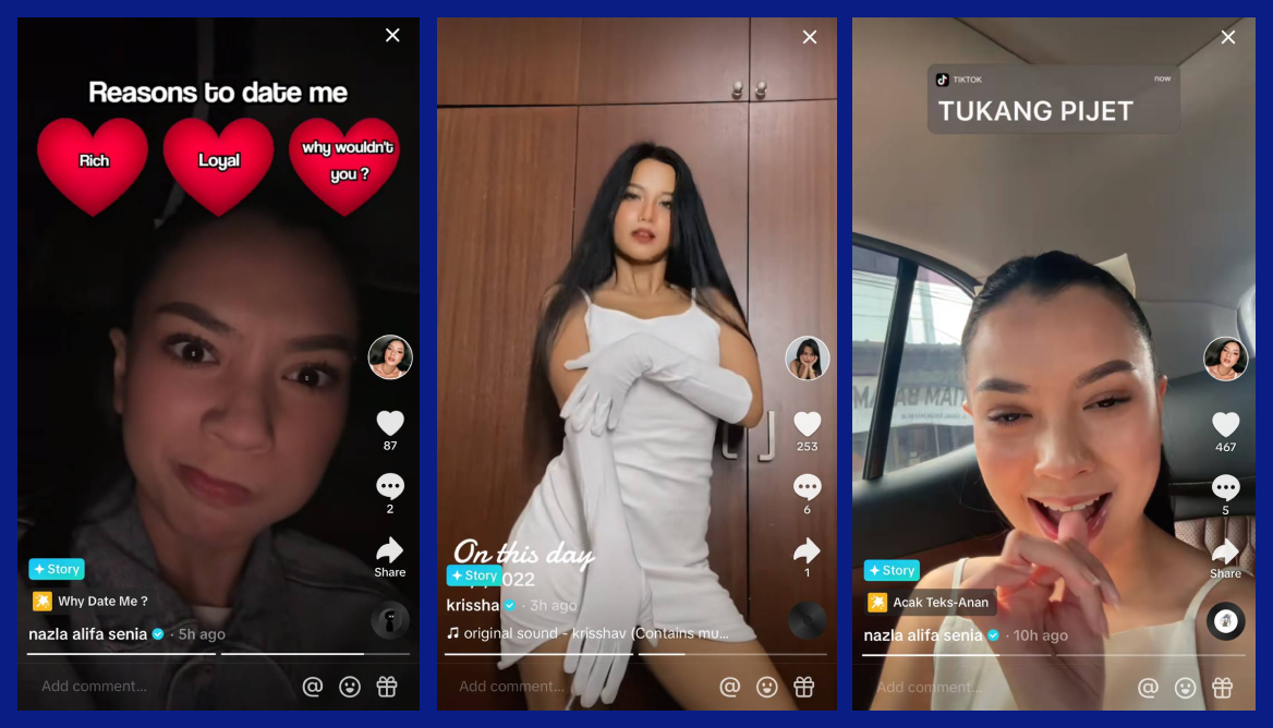 The screenshots show 3 TikTok Stories from different creators. They all are trying to make their stories engaging by using stickers, music, or hashtags.