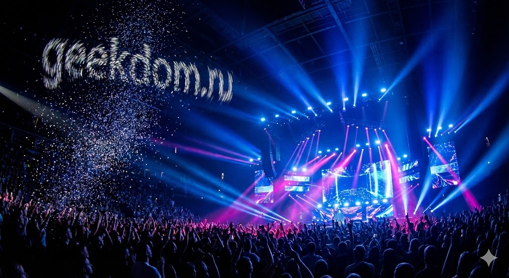 Сцена Евровидение 2026 с ярким освещением и конфетти.