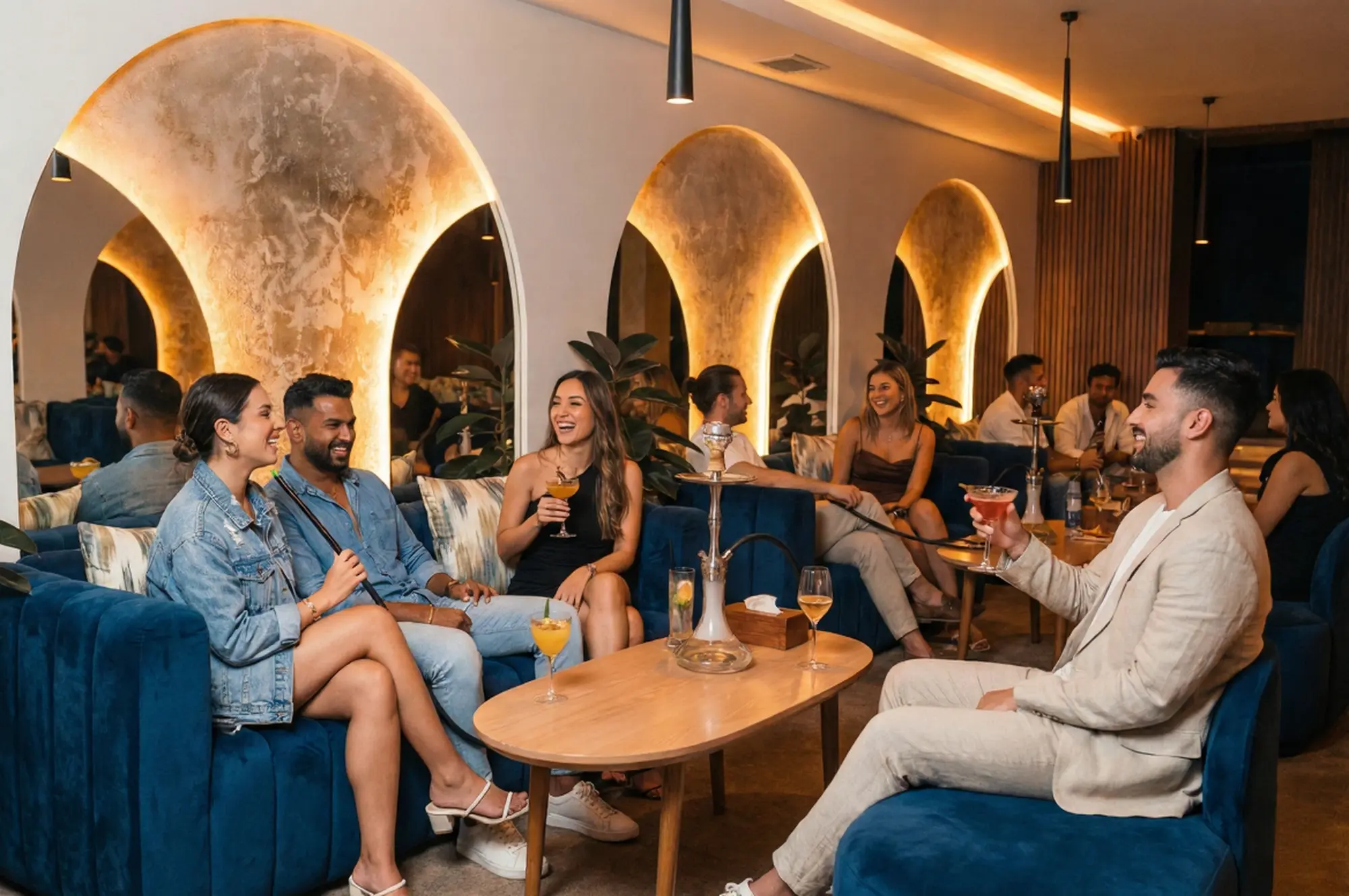 A group of friends laughing and sharing cocktails and premium shisha in the stylish, arched lounge of Eden Hookah Club Ubud, standing out as one of the best bars in Bali for a late-night unwind.