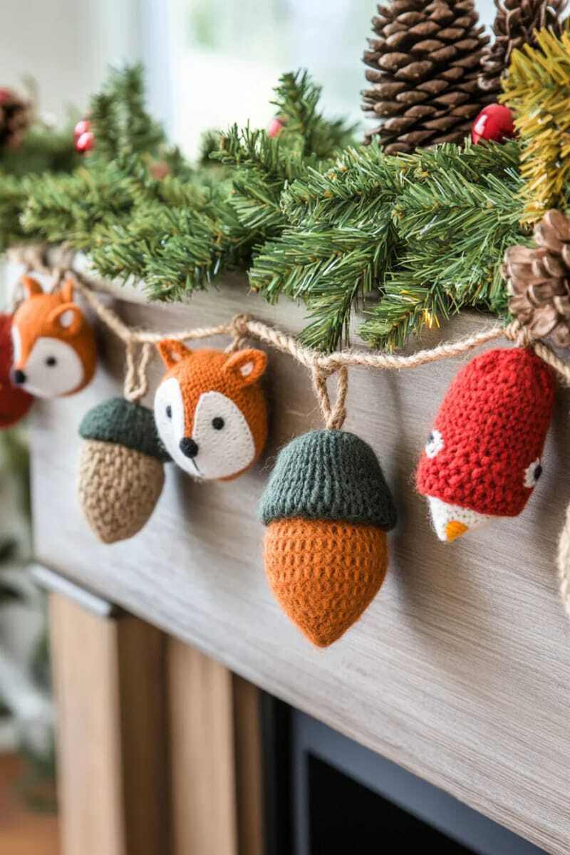 Чередование шерстяных желудей и мордочек лесных животных на натуральном шнуре 1