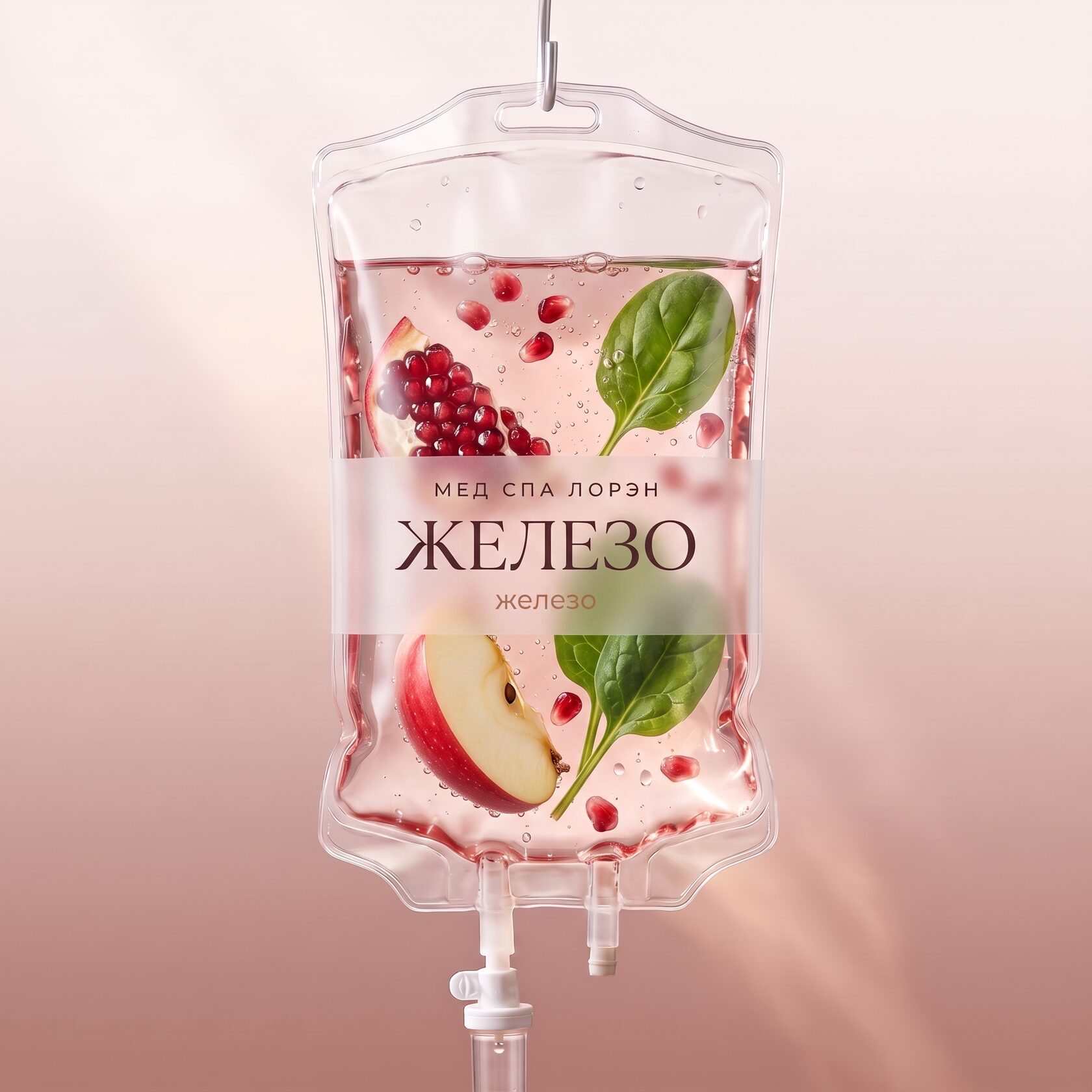 Пакет для капельницы «Железо» МЕД СПА ЛОРЭН с гранатом, яблоком и шпинатом в розовой жидкости
