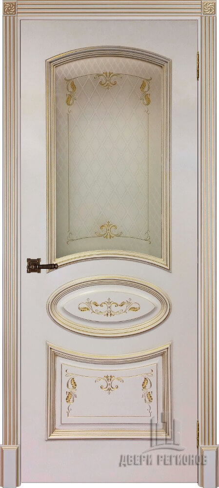 Дверь межкомнатная Багет 3 Патина золото остекленная, цвет Эмаль слоновая кость RAL 9001