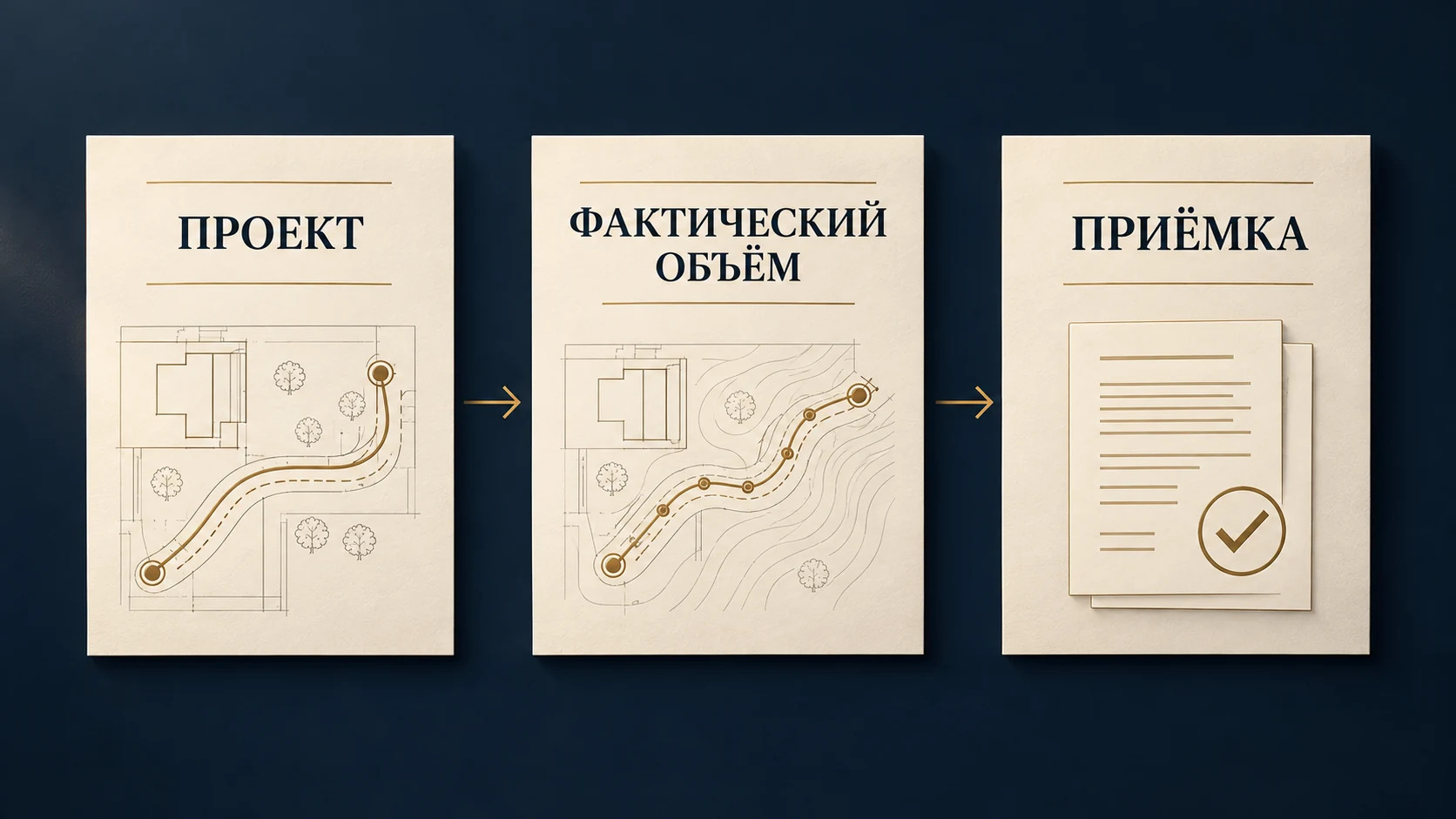 Концептуальное сопоставление проектного объёма, фактической исполнительной схемы и акта приёмки
