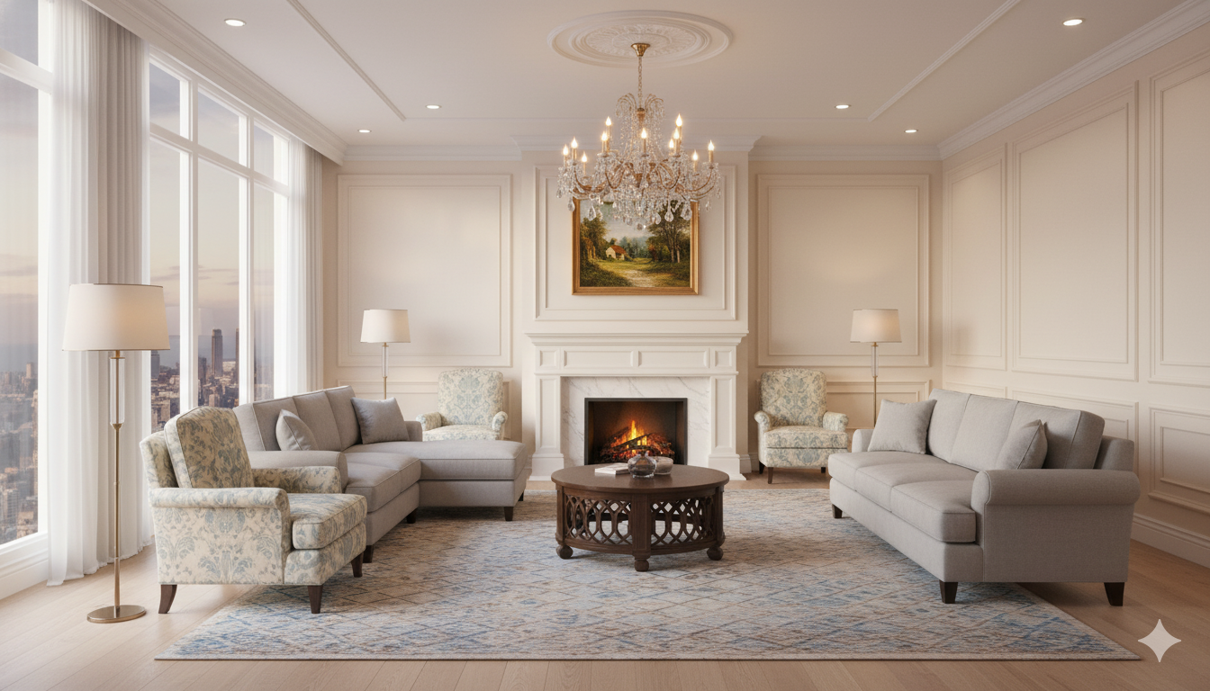 Светлая гостиная в стиле американская классика с камином, молдингами на стенах и двумя симметричными креслами