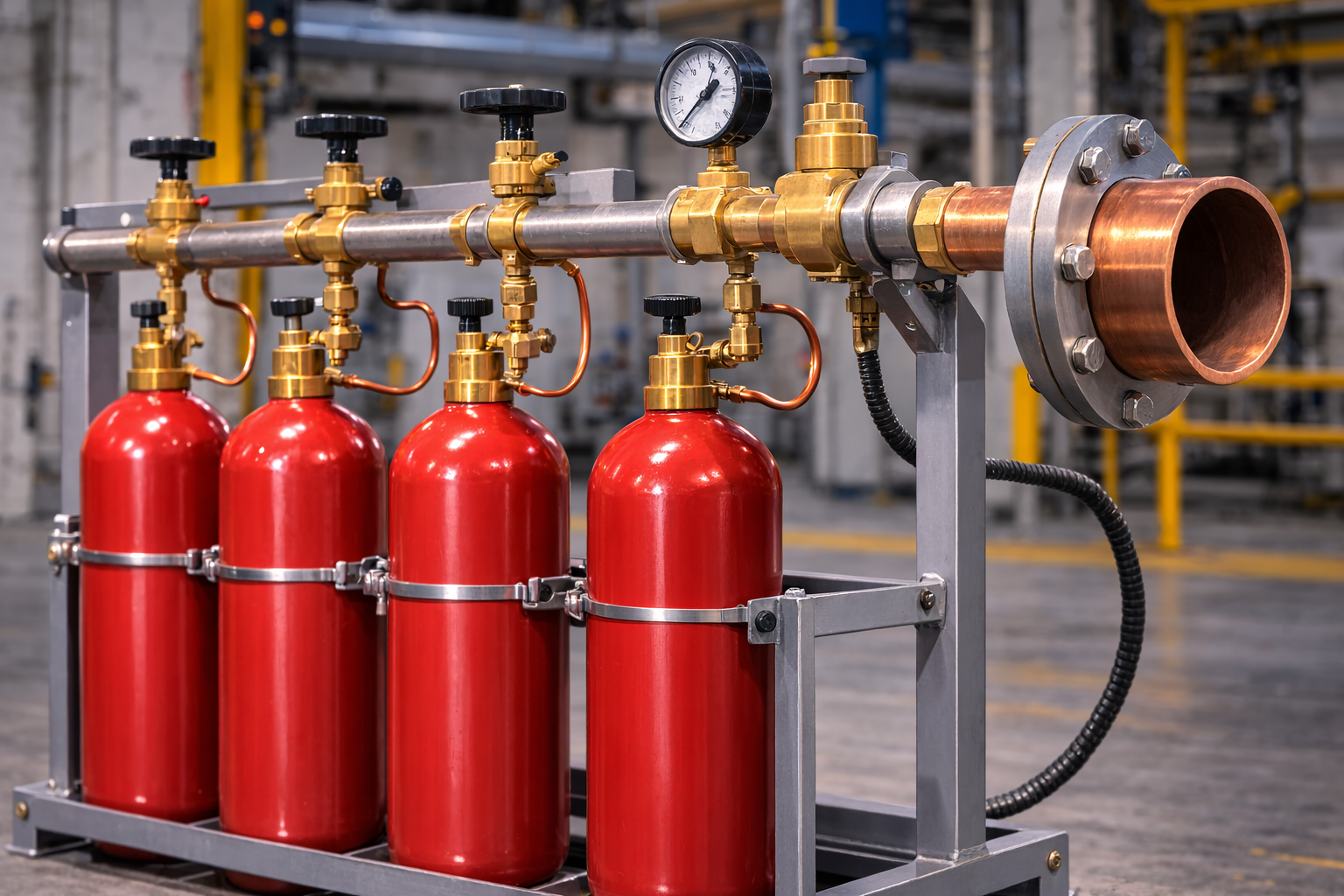 Газовая рампа с четырьмя красными баллонами, подключёнными к распределительному коллектору с медными трубками, редукторами и манометрами, с акцентом на диаметр основной газовой трубы в промышленном помещении.