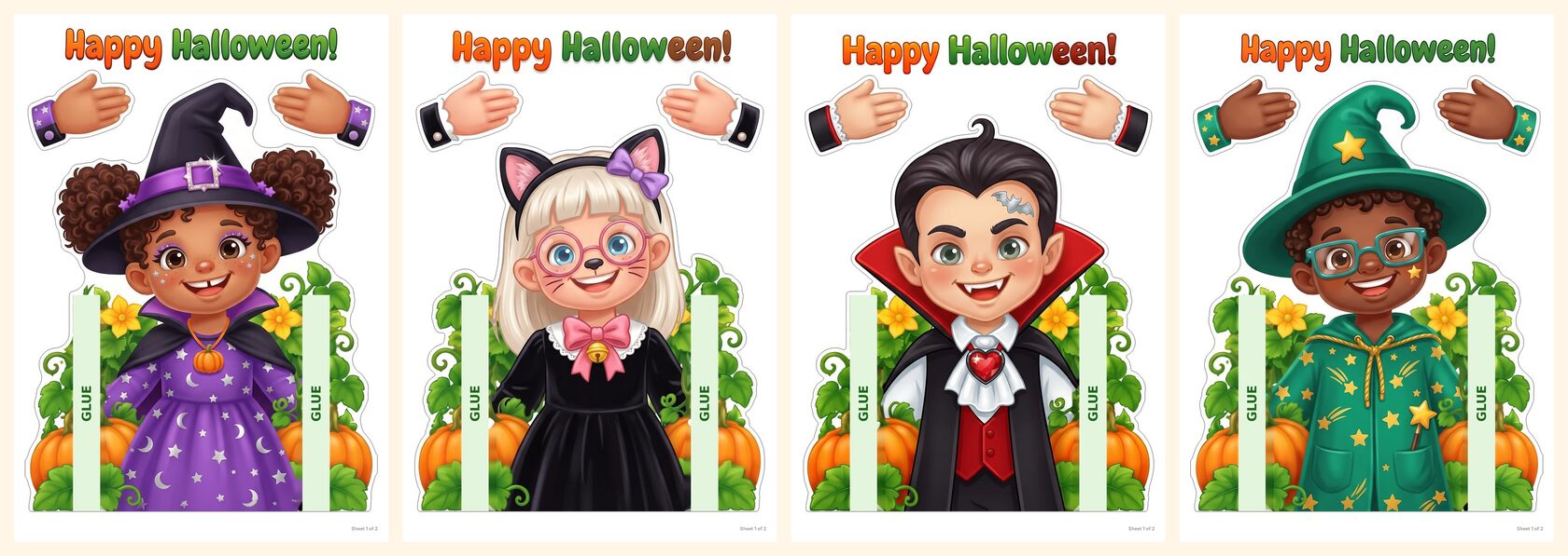 Free printable Halloween craft: witch girl, black cat girl, vampire boy and wizard boy