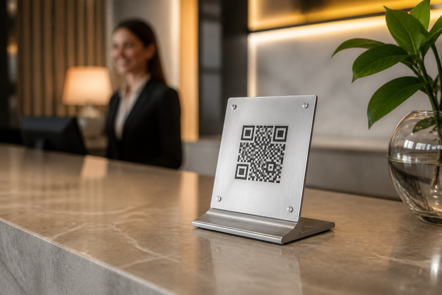 Металлическая табличка для отзывов с QR-кодом на ресепшене