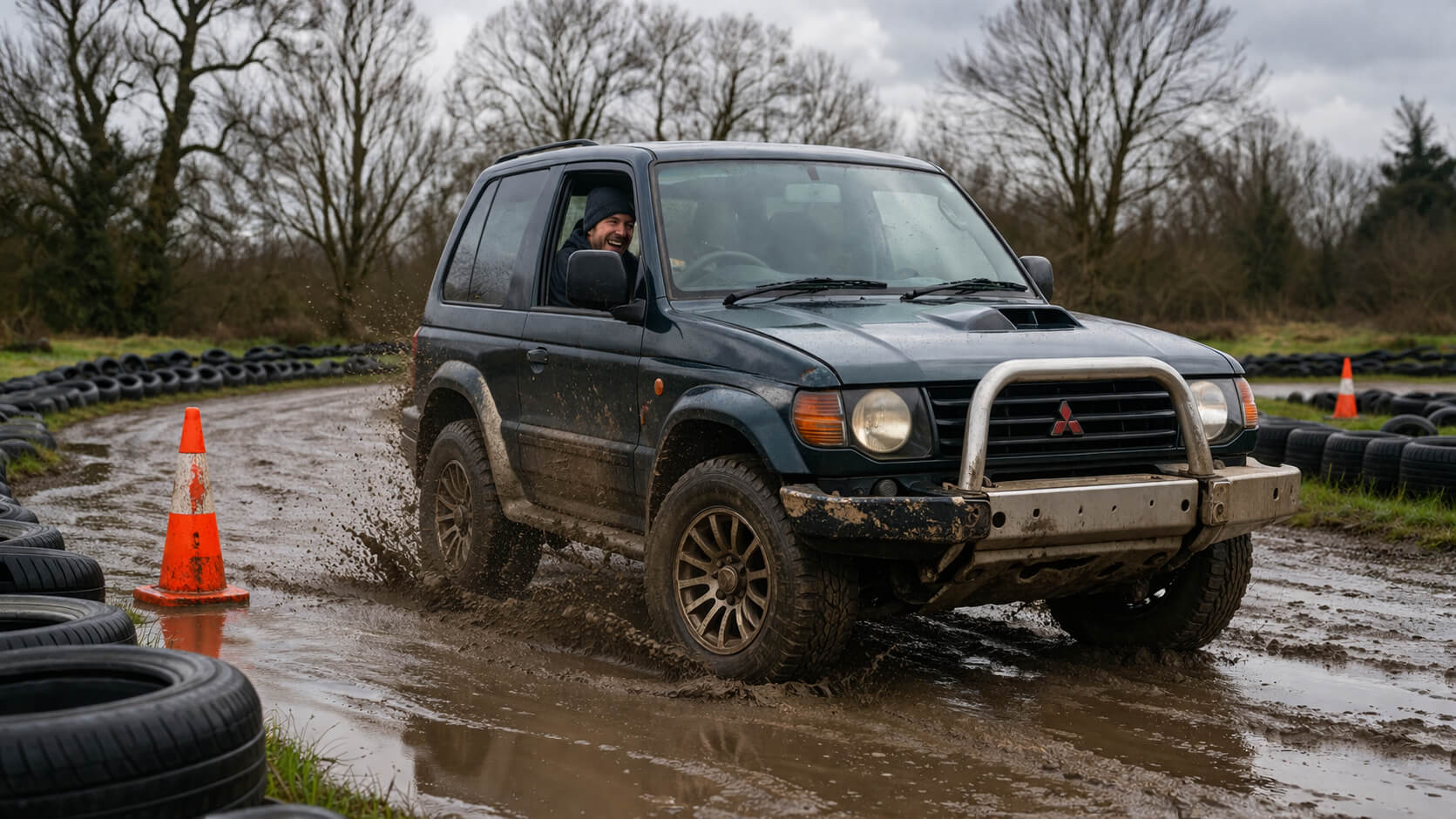 Reverse steer jeep on a wet Irish track with tyre barriers and cones, beginner driver smiling as it starts to click