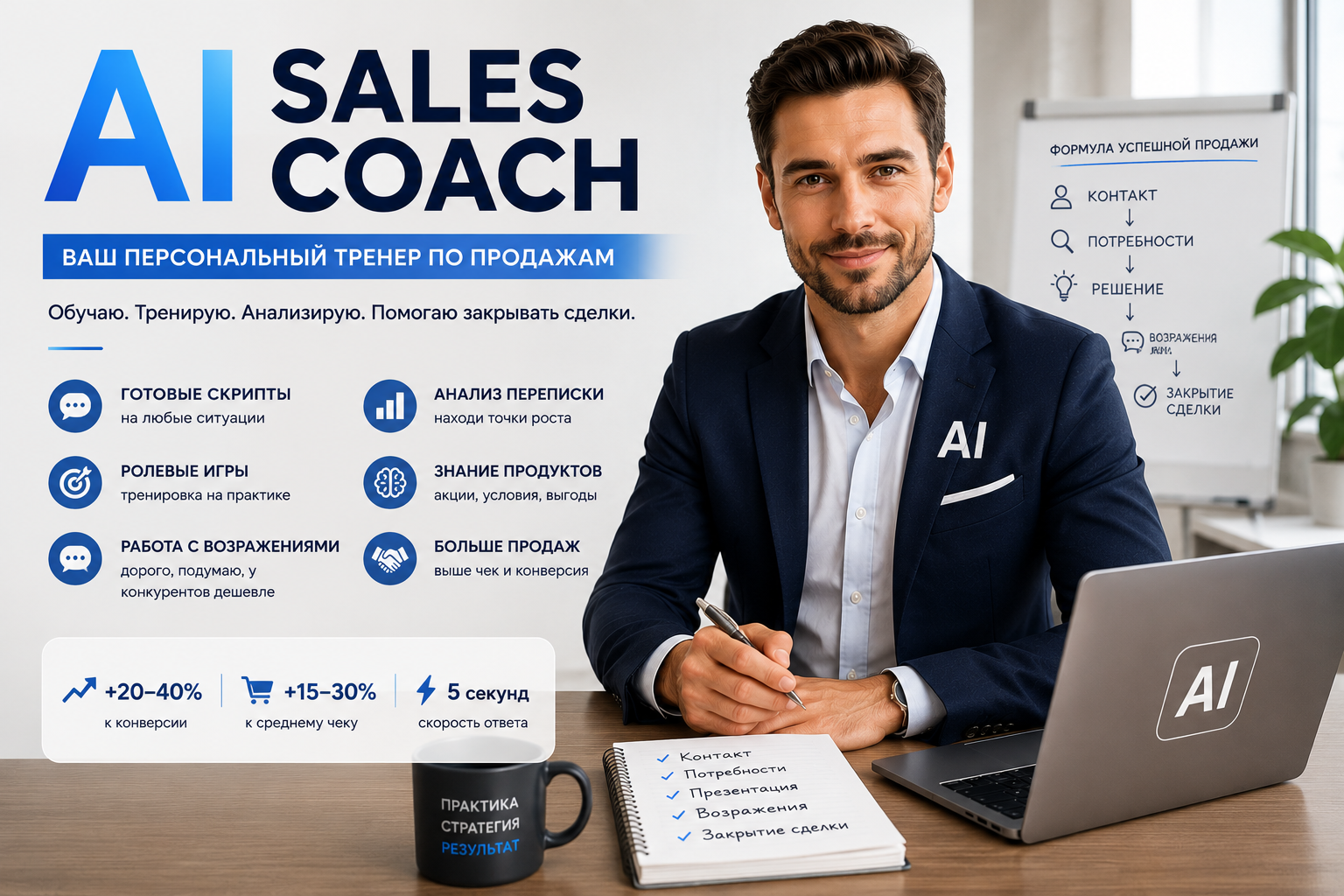 AI Sales Coach — персональный ИИ-наставник по продажам. Инфографика: готовых скриптов, ролевые игры, работа с возражениями, анализ переписки. Результаты: +20-40% к конверсии, +15-30% к среднему чеку, ответ за 5 секунд. Профессиональный тренер по продажам на базе ChatGPT для обучения менеджеров.
