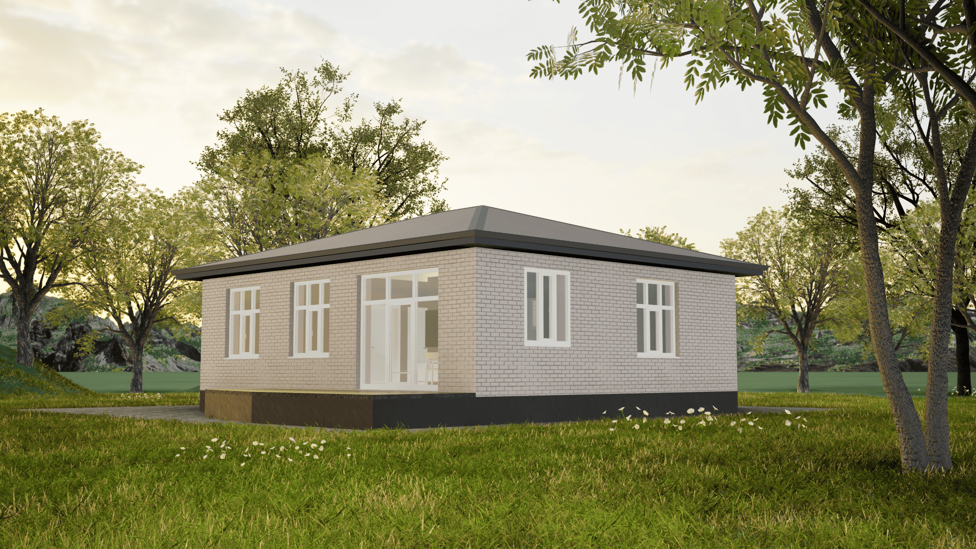 Одноэтажный дом в Ставрополе из белого силикатного кирпича с белыми окнами, открытой террасой и темной крышей цвета серый графит