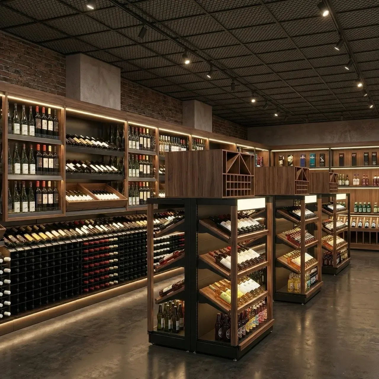 Винные линии и дизайнерские стеллажи для винных и алкогольных магазинов — проектирование, изготовление и монтаж под формат и ассортимент. Оборудование с отделкой деревом и металлом, интеграция подсветки, аксессуары для хранения бутылок.