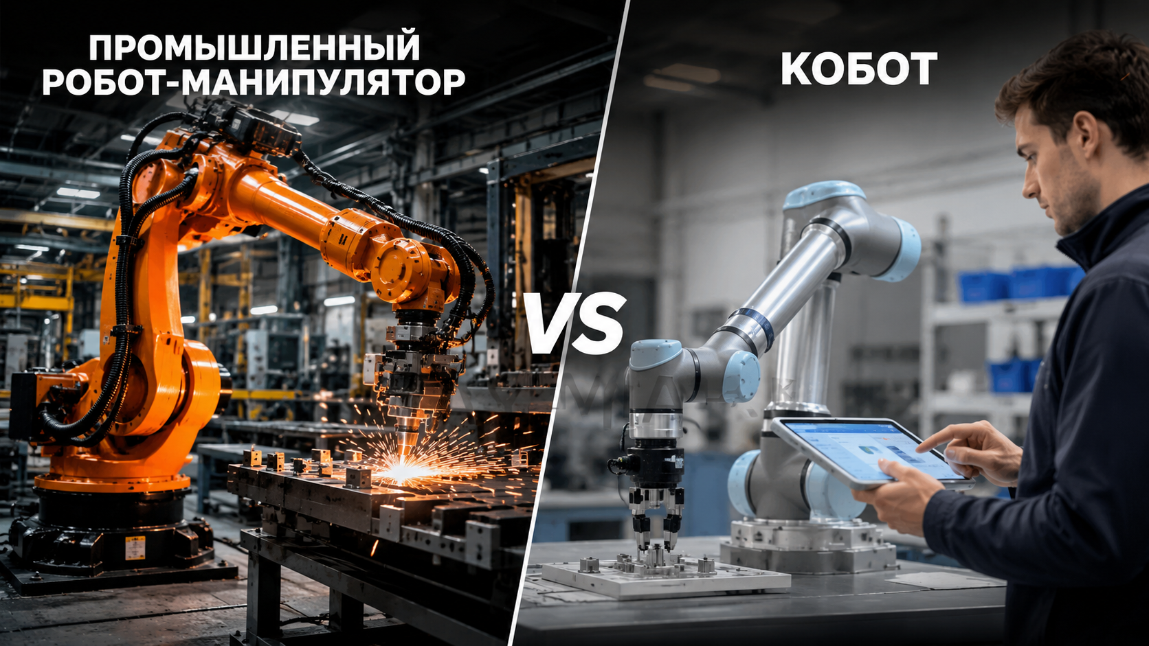 Сравнение промышленного робота-манипулятора и кобота на производстве