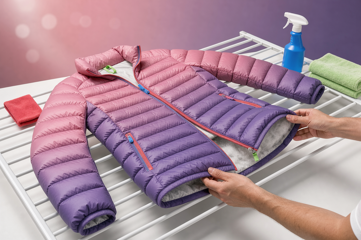 A flat drying setup: a down jacket laid on a drying rack indoors, being gently fluffed by hands and turned periodically to dry evenly