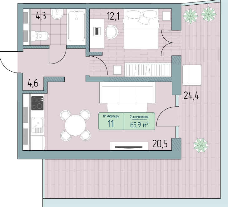 Планировка 2-комнатная 65,9 м²