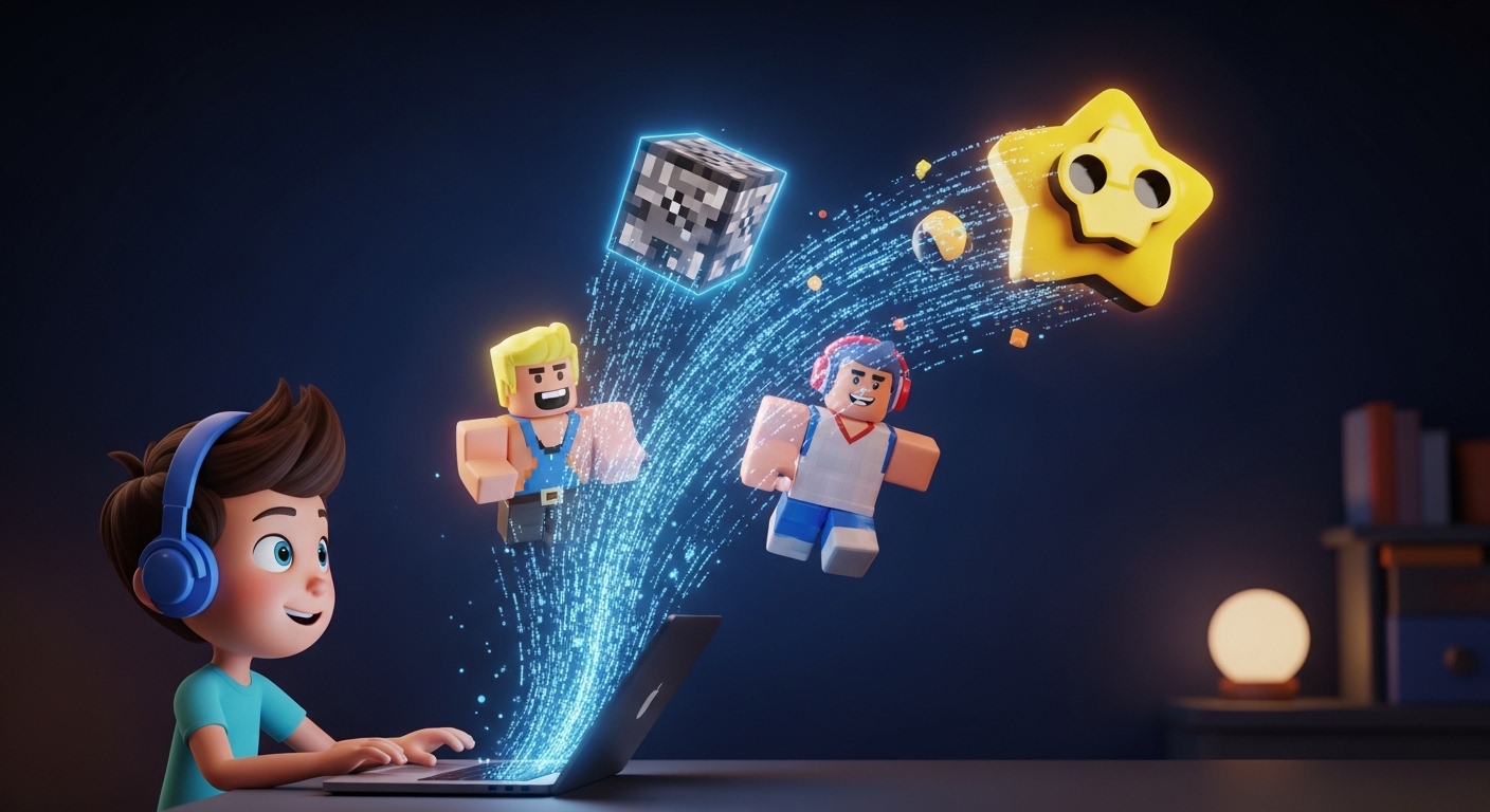 Ребенок за ноутбуком создает игровые миры: голограммы куба, аватара и звезды.