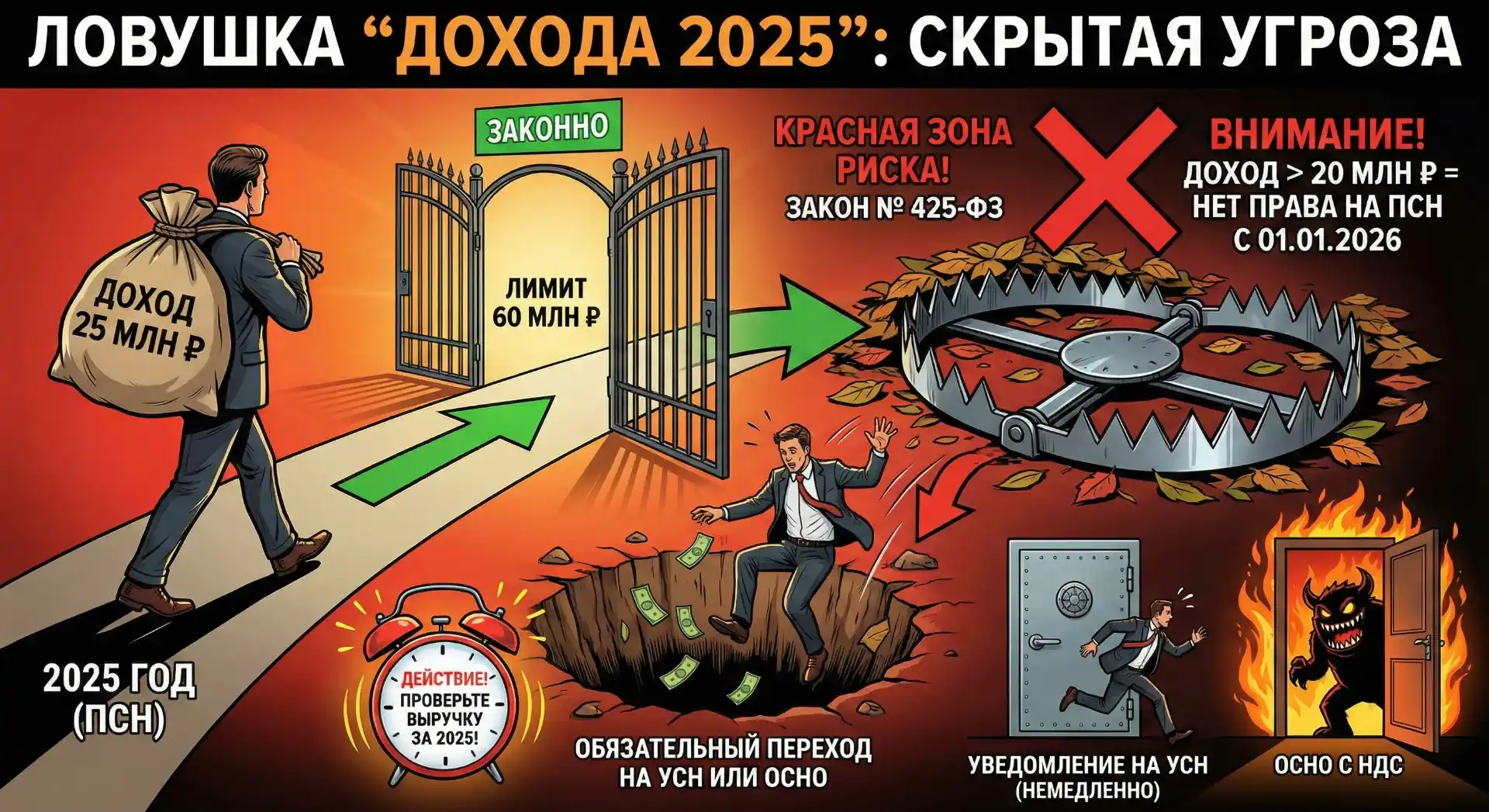 Схема налоговой ловушки: доход свыше 20 млн рублей в 2025 году запрещает применение патента в 2026 году согласно закону 425-ФЗ