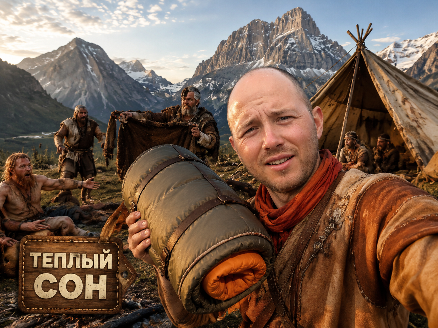 Туристический спальник в палатке на горной стоянке Кавказа