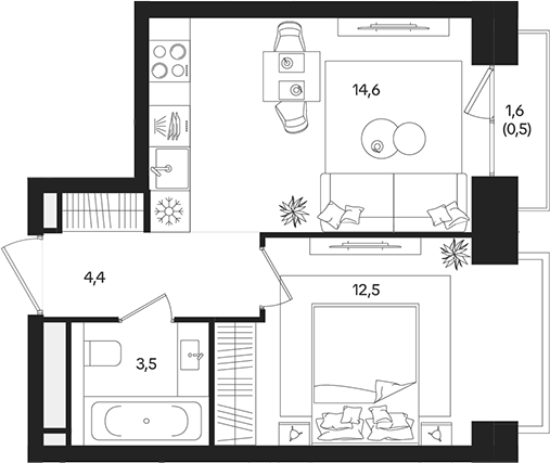 1‑комн квартира ~38 м²