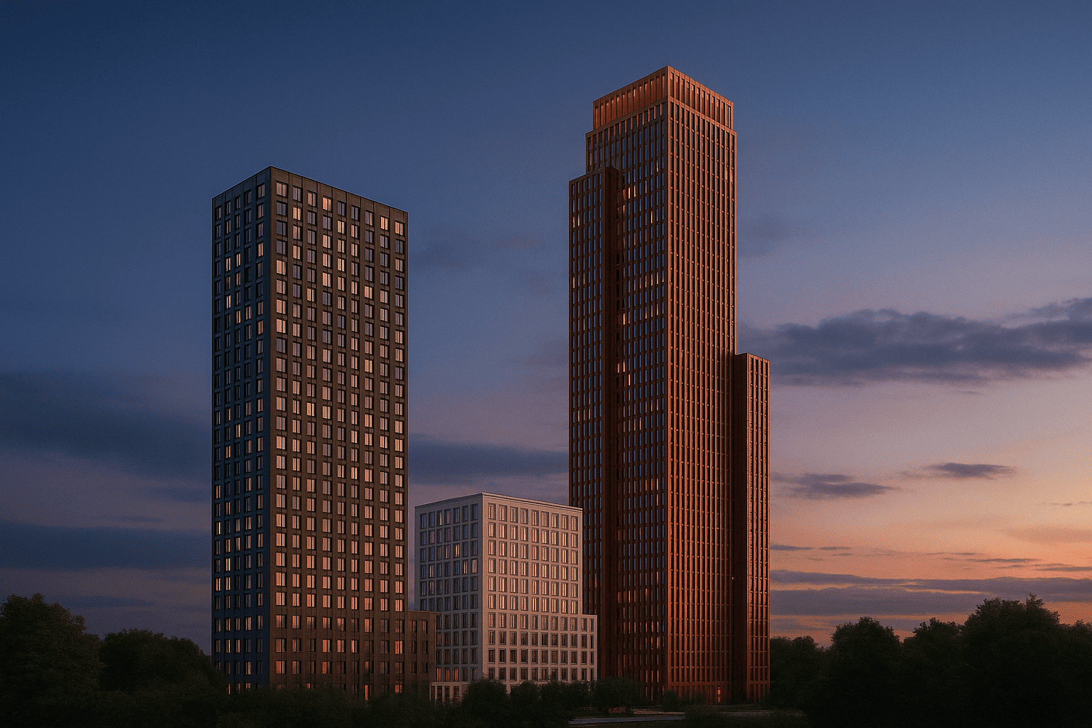 Визуализация жилого комплекса «Среда на Кутузовском» в вечерних сумерках: три современных высотных здания — тёмно-серое, терракотово-красное и белое — подсвечены мягким искусственным светом. На переднем плане видны зелёные деревья и городская улица, на за