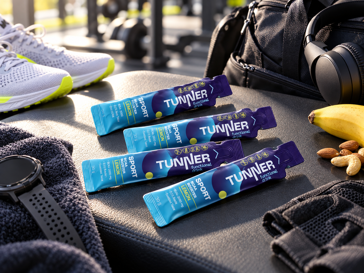 Девушка принимает TUNNER SPORT BCAA BOOSTER со вкусом лимона в тренажерном зале