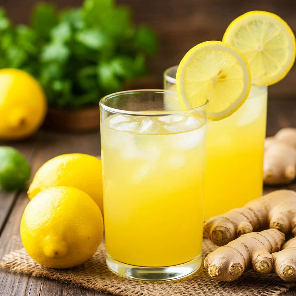 Стакан лимонада с лимоном и имбирём на деревянном столе с мятой и льдом — натуральный напиток для похудения