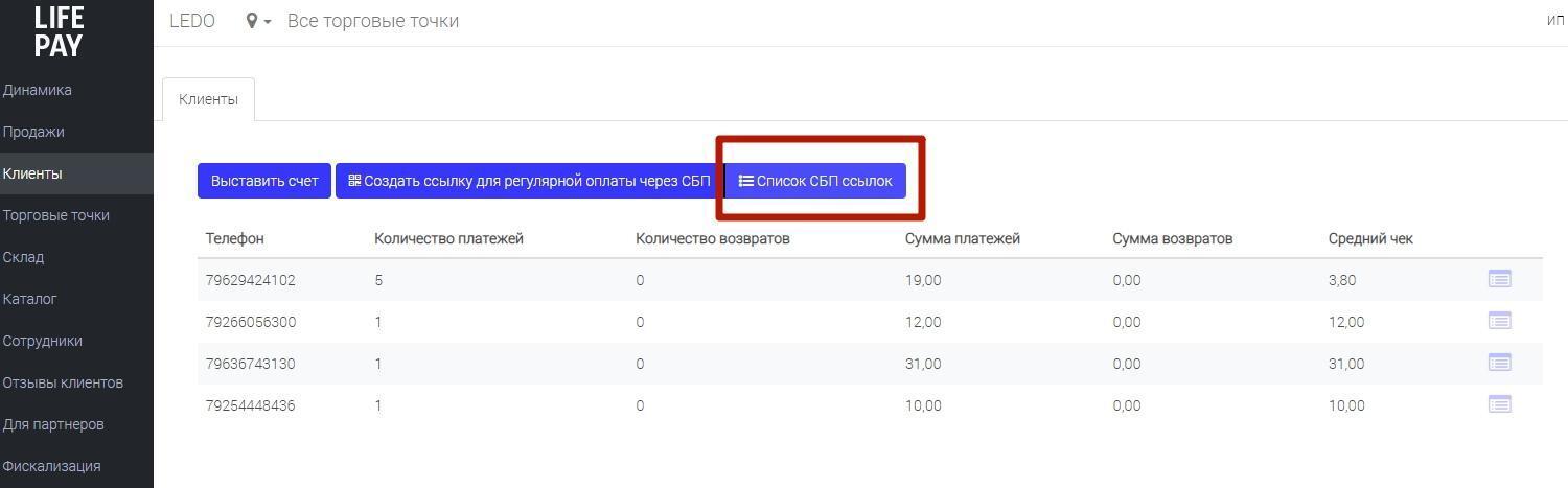 Кнопка «Список СБП ссылок» в разделе «Клиенты»