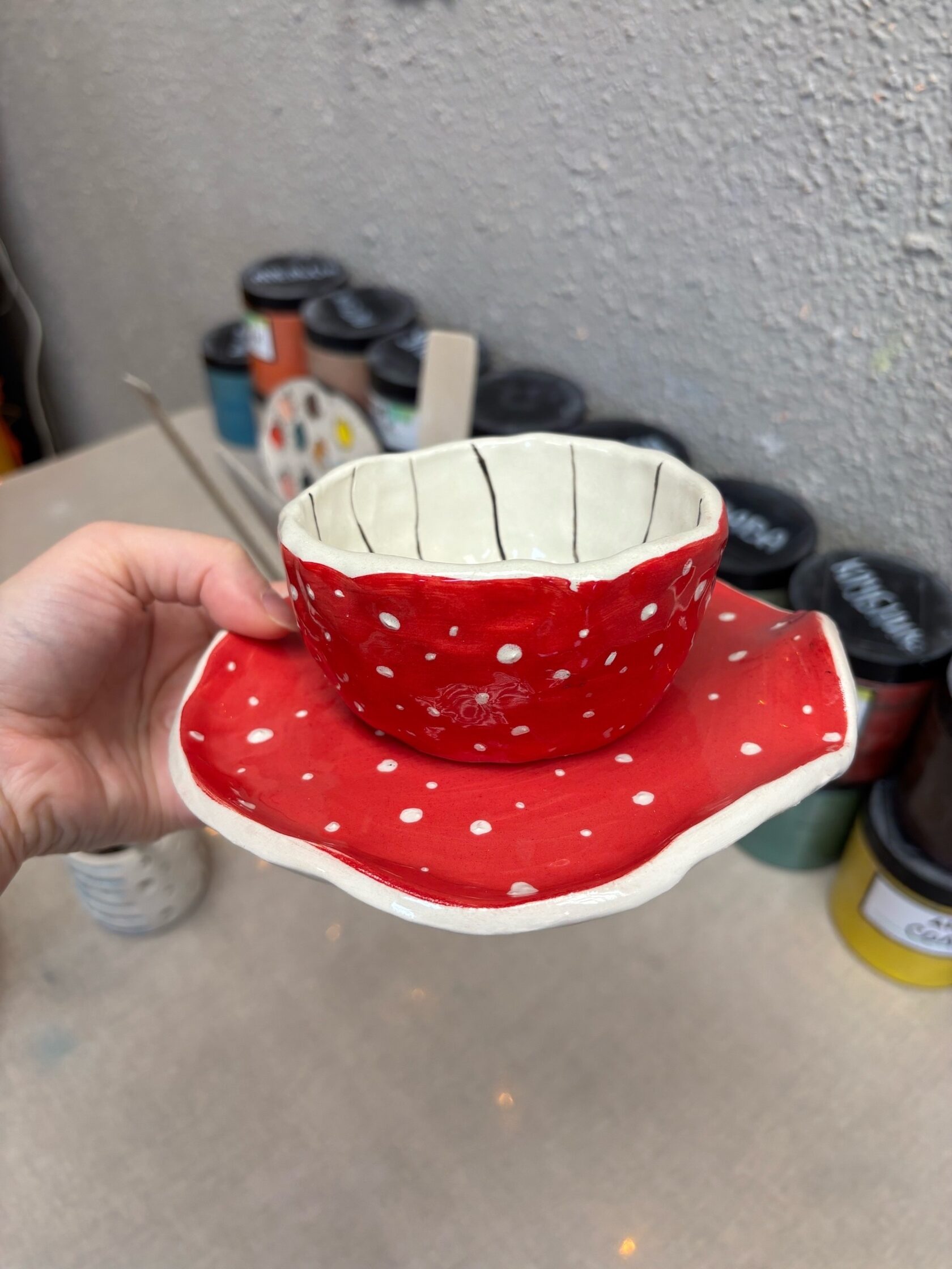 DIY clay mug with saucer, beginner-friendly pottery making Toronto piece