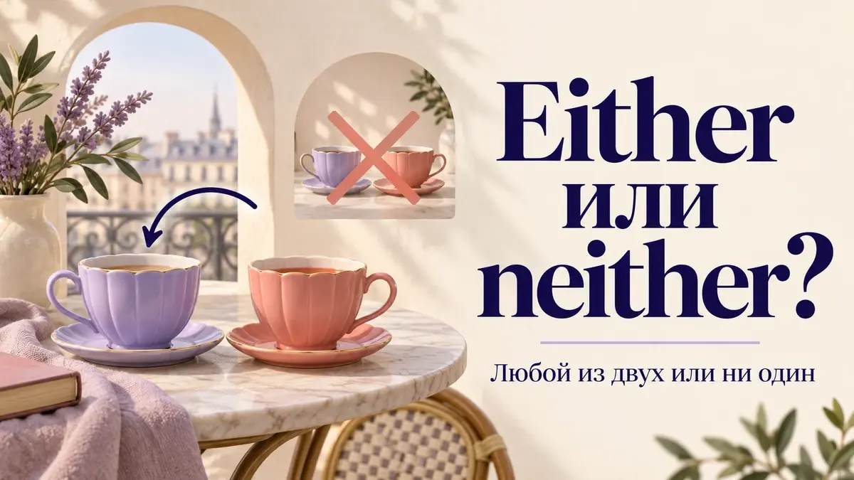 Две чашки и указатель выбора: either означает любой из двух, neither - ни один.