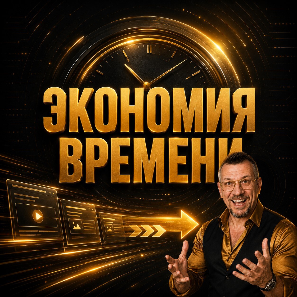 Золотой баннер с надписью «Экономия времени», предпринимателем, стрелкой движения, интерфейсами автоматизации и визуальным акцентом на ускорение рабочих процессов.