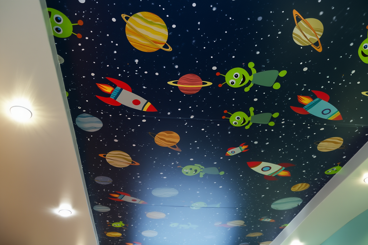 Натяжной потолок с фотопечатью космос для мальчика, детская комната с ракетами и планетами на потолке