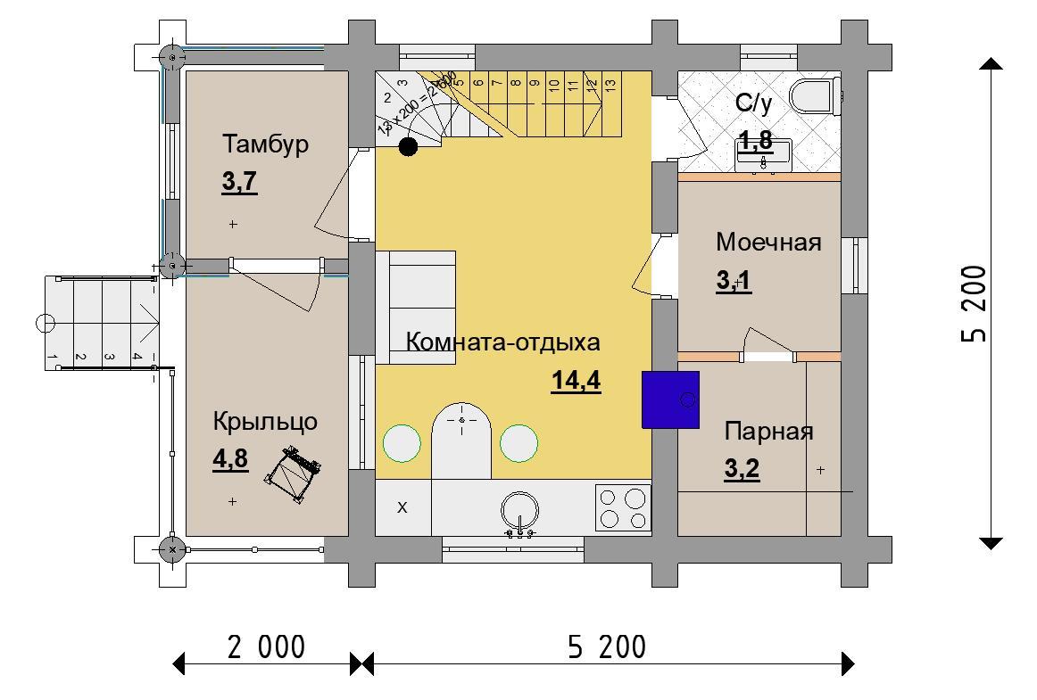 Проект бани с блоков с мансардой