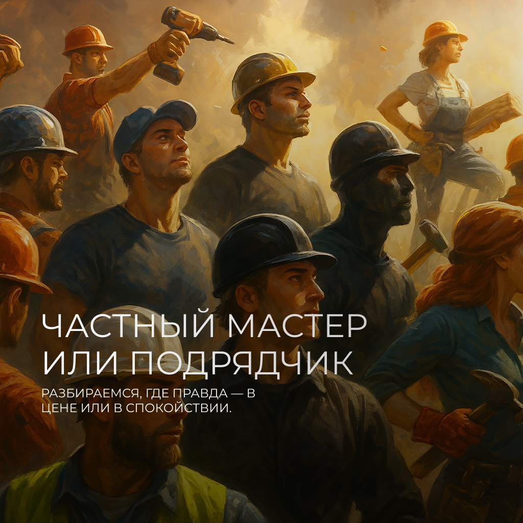 Полуреалистичная цифровая иллюстрация в стиле комиксов изображает группу строителей в защитных касках. На переднем плане — мужчины с серьёзным выражением лиц, в руках инструменты: молотки, дрели. Один из мастеров носит кепку с козырьком, загнутым вбок. На