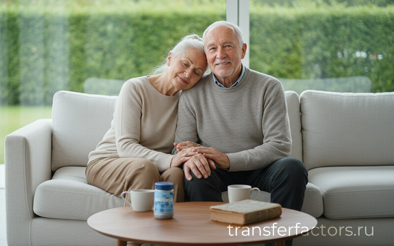 Пожилая пара на диване дома, на столике рядом банка 4Life Transfer Factor Tri-Factor — символ поддержки клеточной энергии и иммунного баланса с возрастом