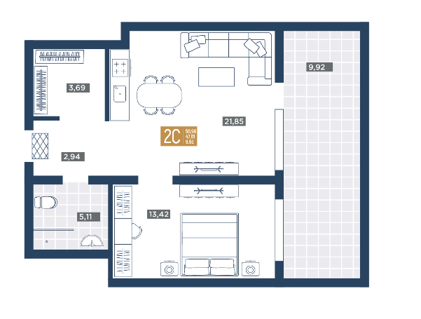 Планировка 2-комнатная 56.96 м²