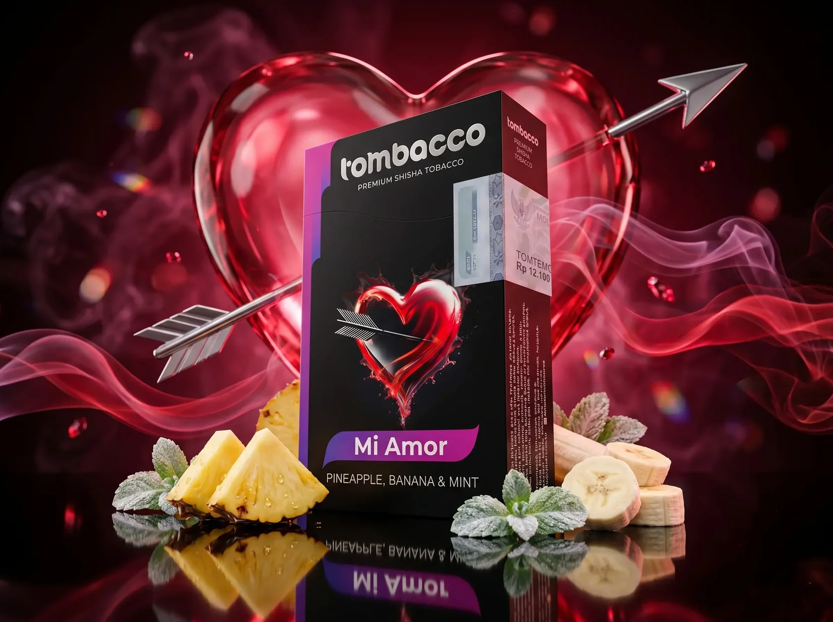 Tombacco Mi Amor shisha box featuring a striking red heart and arrow, perfectly paired with fresh pineapple, banana, and a hint of mint.