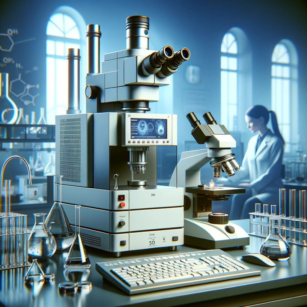 A sophisticated laboratory setting focusing on an infrared spectrometer (FTIR), a thermogravimetric analyzer, and a microscope prominently displayed in the foreground. These devices are depicted as crucial tools in a research study, highlighting their importance and functionality. The background subtly suggests a scientific lab environment with hints of test tubes or flasks, emphasizing cleanliness and organization typical for scientific research. There is a subtle indication of adhesive patches present but not central to the composition. A female researcher can be seen in the background, complementing the scene without being the focal point, embodying a sense of dedication and precision in a lab setting.