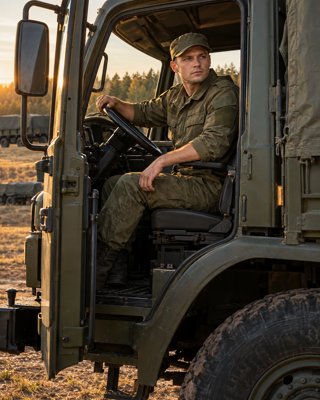 Водитель за рулём военного транспорта
