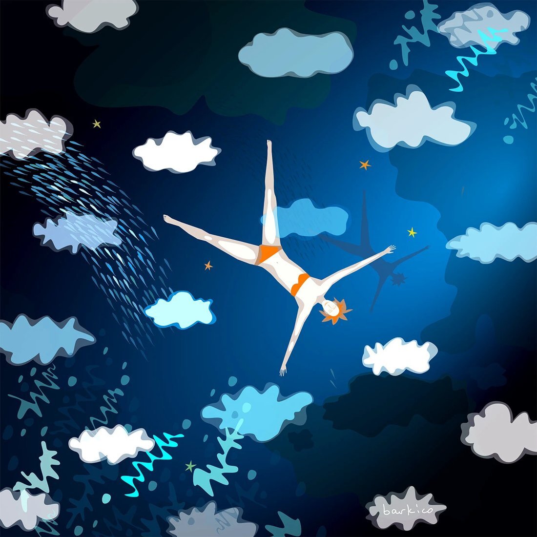 Swimmer among night clouds