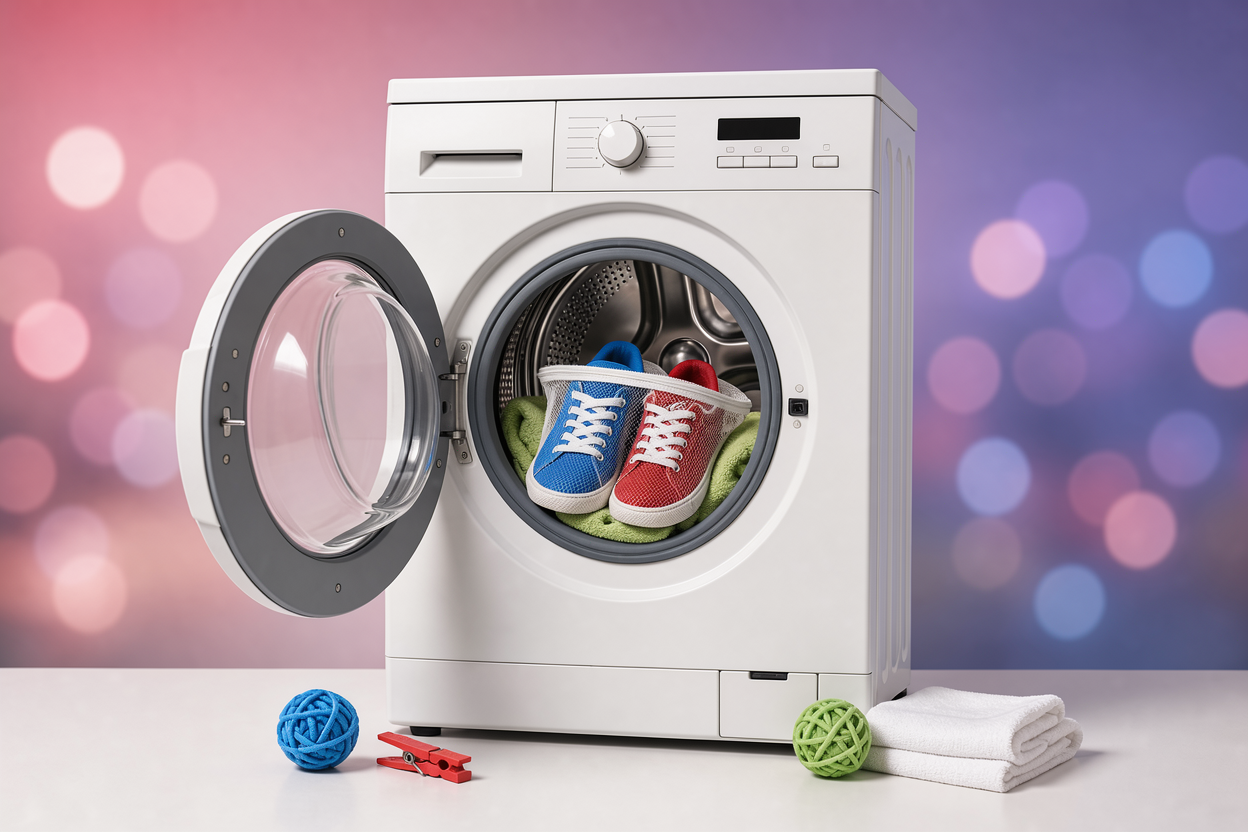 front-loading washing machine drum with a mesh bag containing a pair of sneakers and a rolled towel to cushion them, visible detergent drawer closed, no brand logos