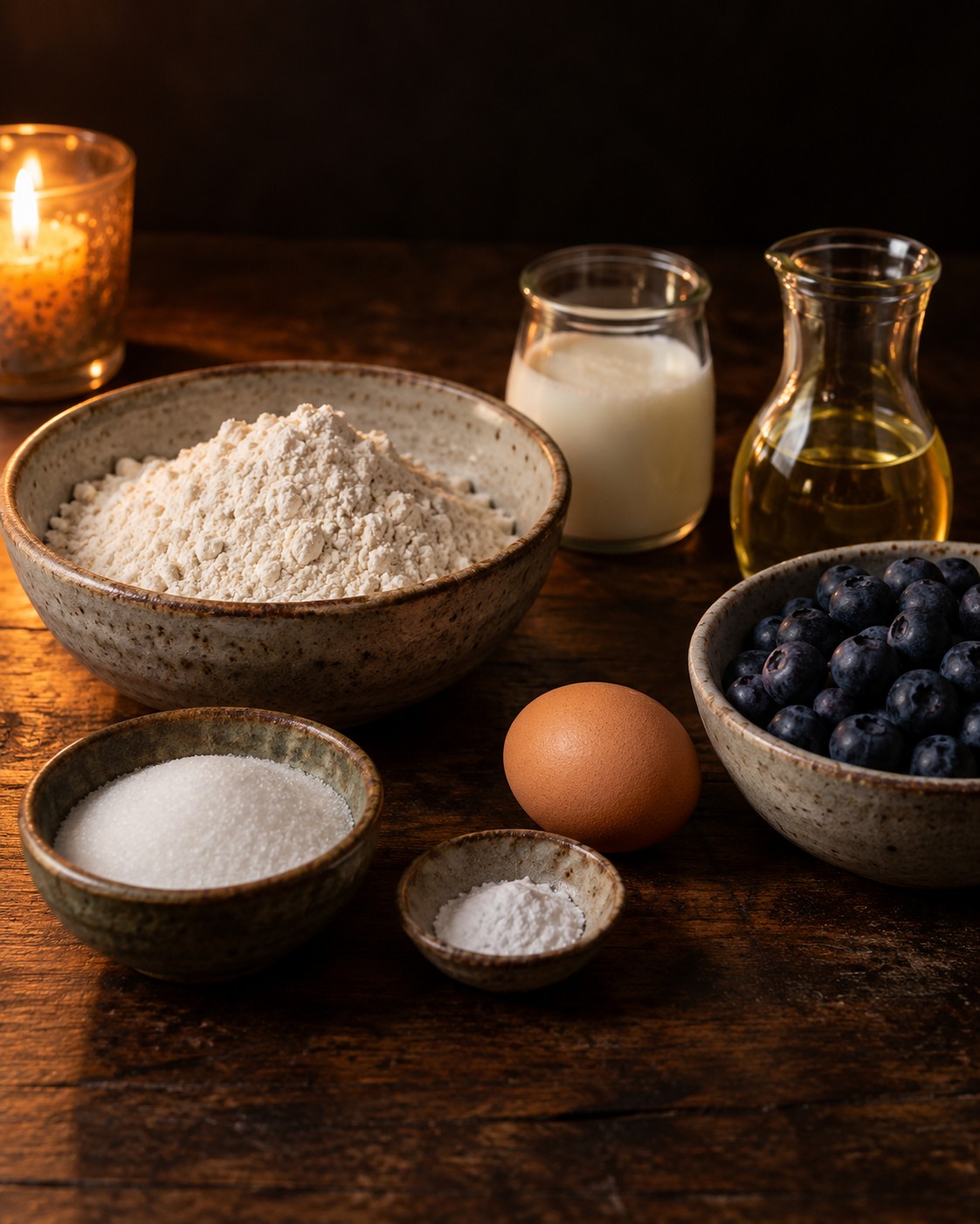 Ingredients for blueberry muffins: flour, sugar, baking powder, an egg, a glass of kefir, vegetable oil and a bowl of blueberries