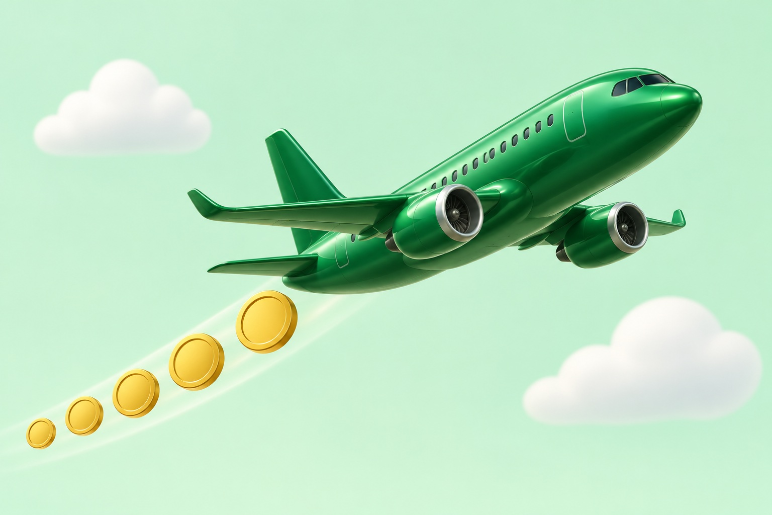 Зелёный самолёт с золотыми монетами — иллюстрация travel-проекта