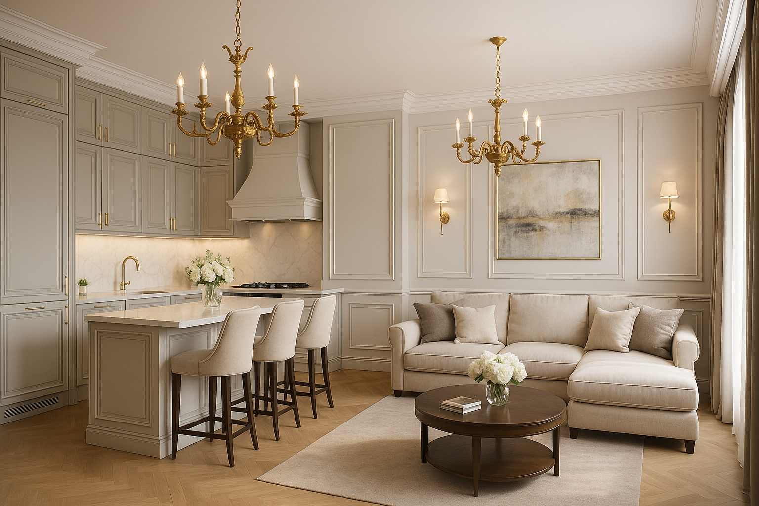 Реализованный неоклассический проект кухни-гостиной Struktura