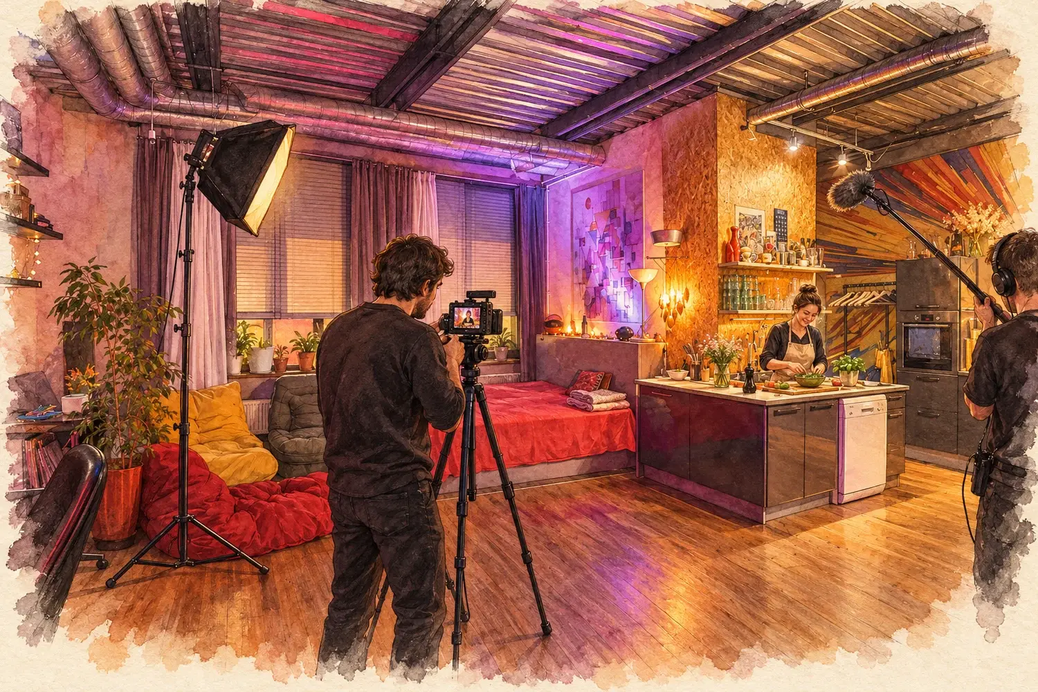 Иллюстрация подготовки кухонной съёмки в ФараЛофт: ведущая, оператор и специалист по звуку