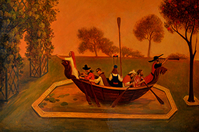 гребцы на лодке в пруду 